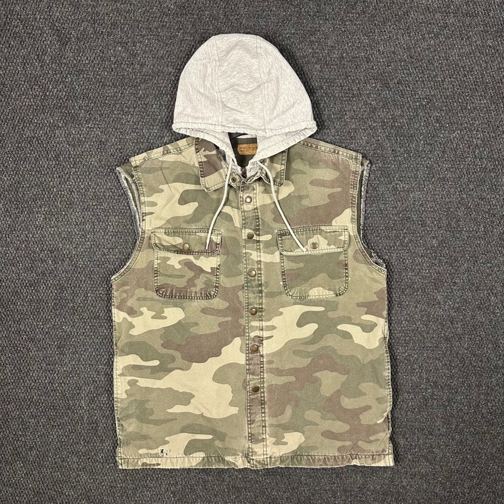 Faded Glory Camo Sleeveless Hooded Vest Mens M Green Canvas Fleece Lined Jacket